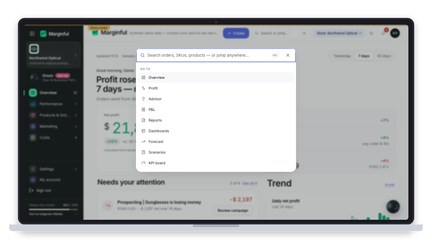 Marginful Search screen on a laptop and a phone, with demo store data