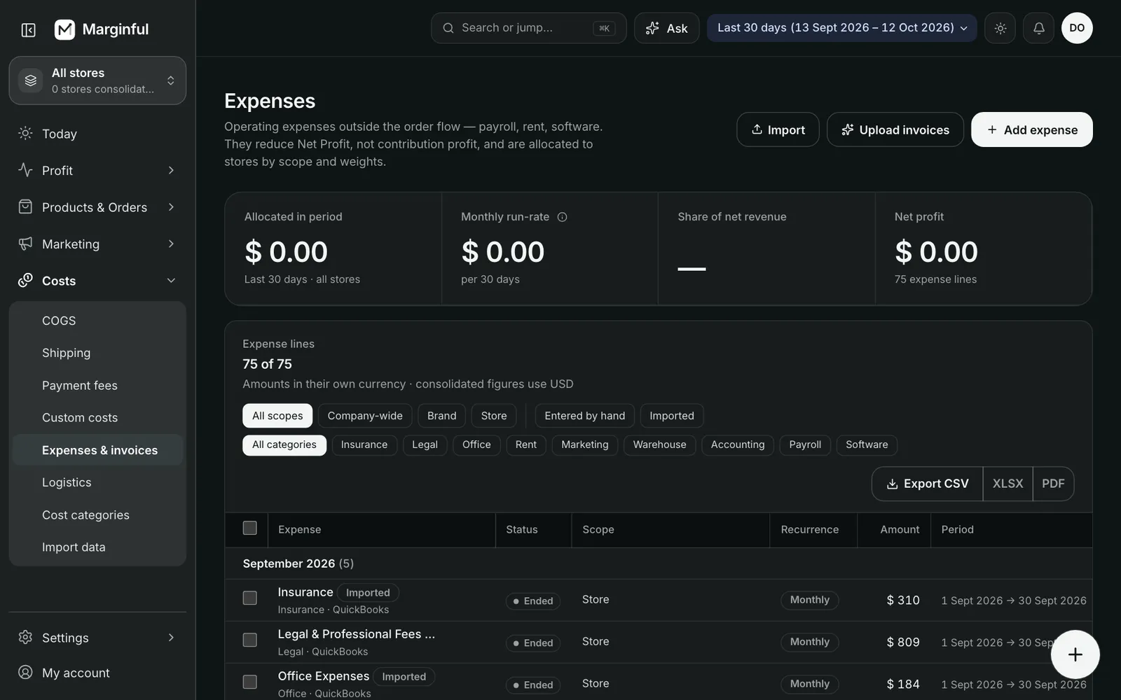 Expenses: operating expenses and invoices in one list.
